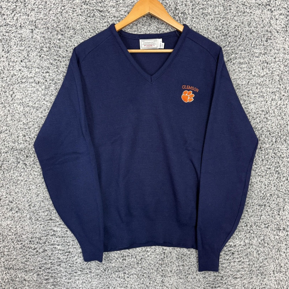 Vintage Clemson Tigers Sweater Adult Large Blue University V Neck Made USA 70s